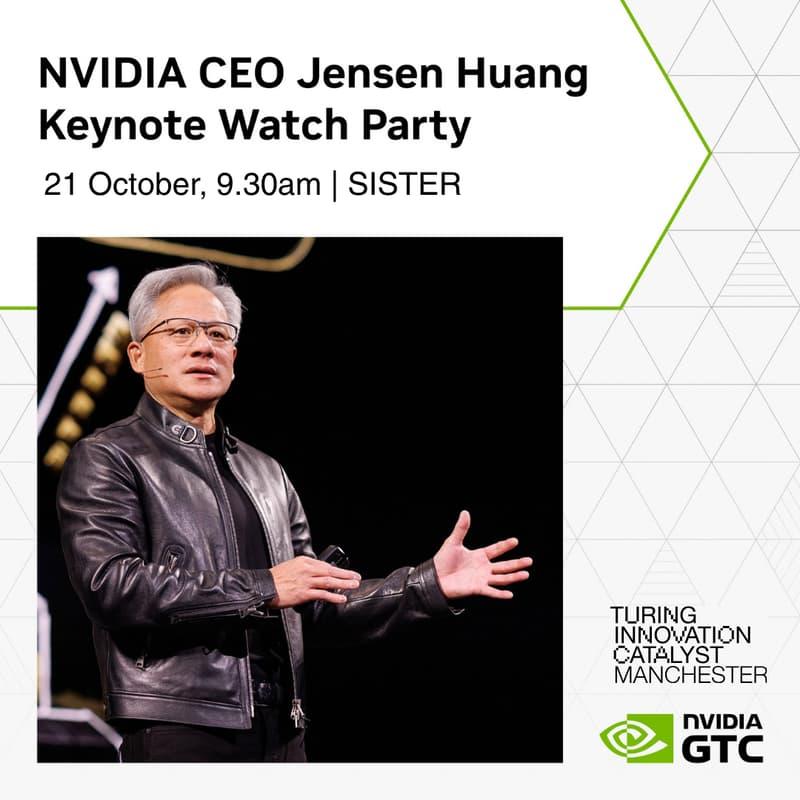 NVIDIA CEO Jensen Huang poses on stage mid speech. The poster includes details of the event and logos from the sponsors. 