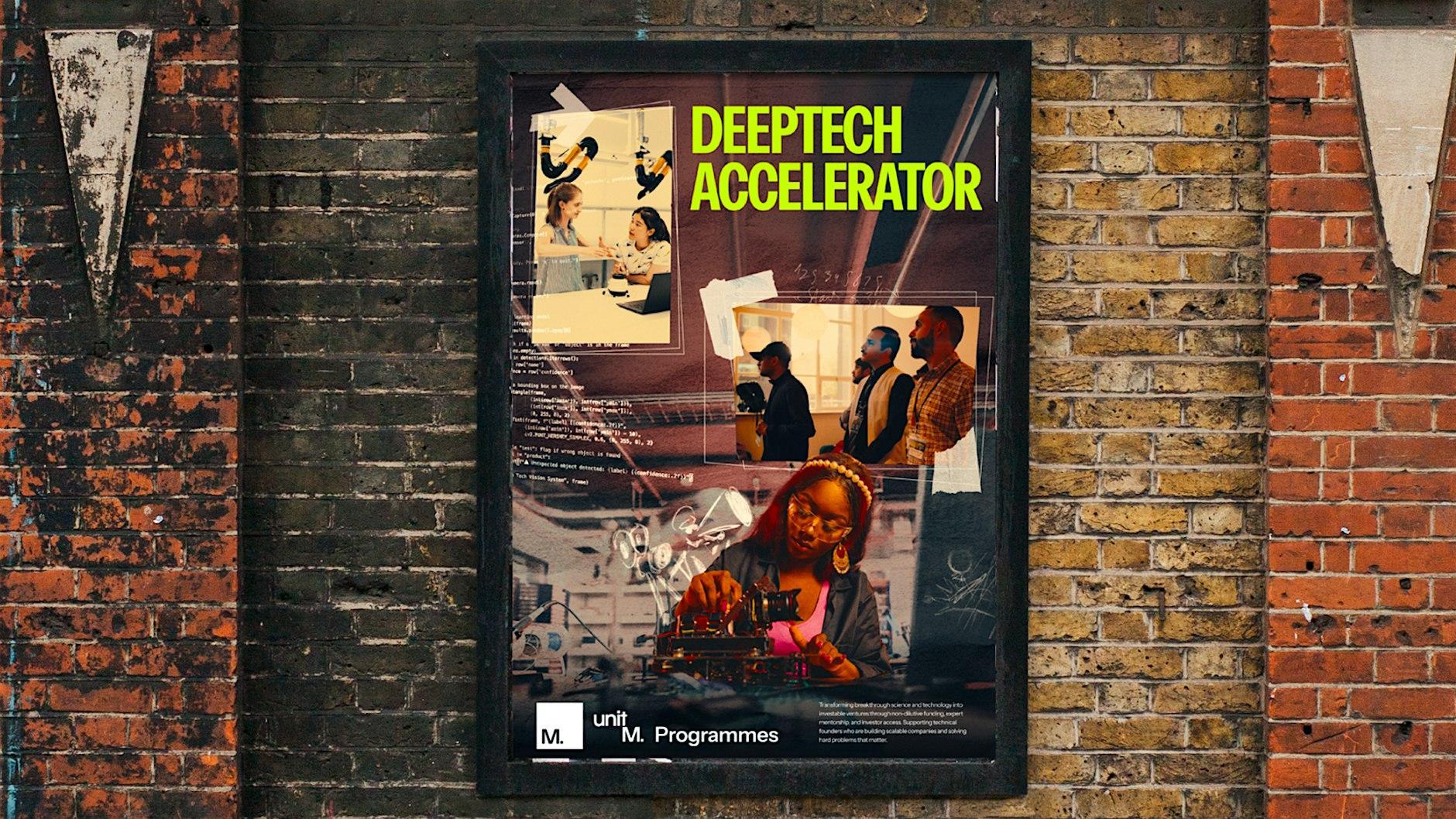 A printed poster on a brick wall. The poster shows the Unit M Programmes logo, images of students working in labs, and the title of the event. 