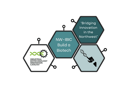 Graphic vector image of tessellating green/blue hexagons.  Industrial Biotechnology Innovation Catalyst logo is there as well as the tagline 'Bridging innovation in the Northwest'