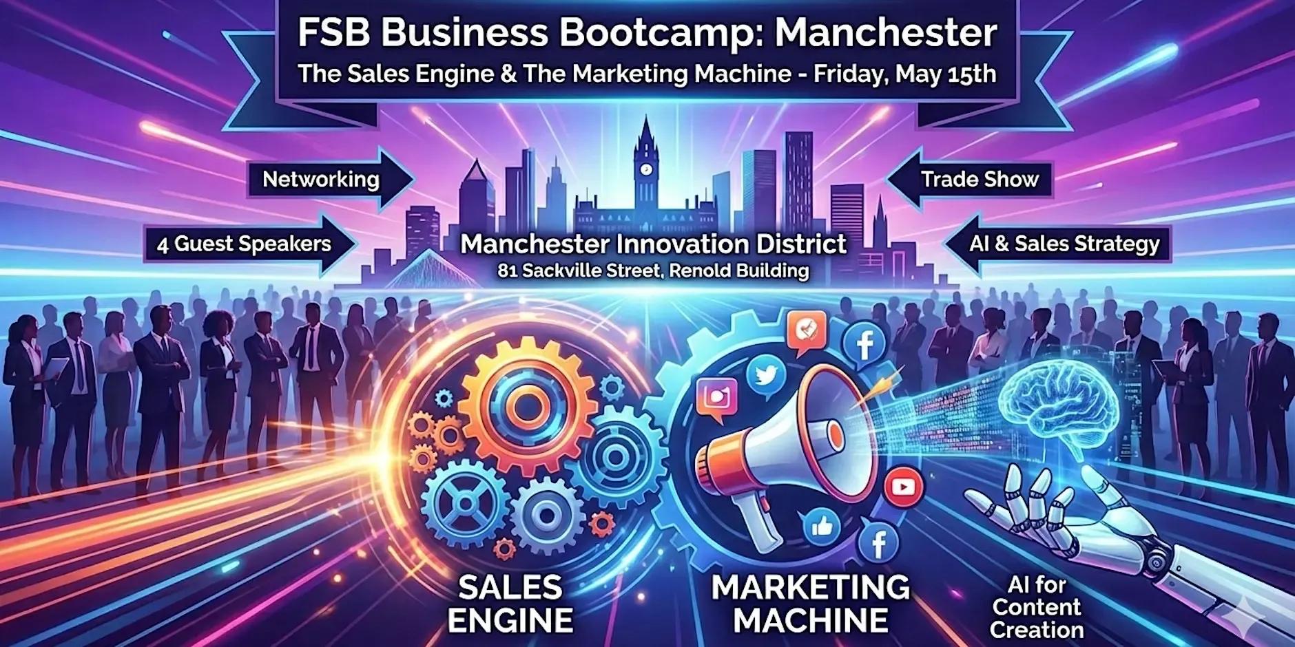 AI Generated image of cogs and gears as well as a megaphone surrounded by social media logos. Behind these is a generic city skyline and a crowd of people in business attire. There are streaks of light across the whole image and the colour scheme is mainly blue, purple, and flashes of orange. The event details are on there in text. 