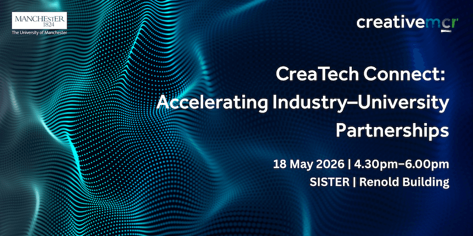 Blue and Green cyber-style waves on a black background. The University of Manchester logo in the top left corner. The event details in the left. 