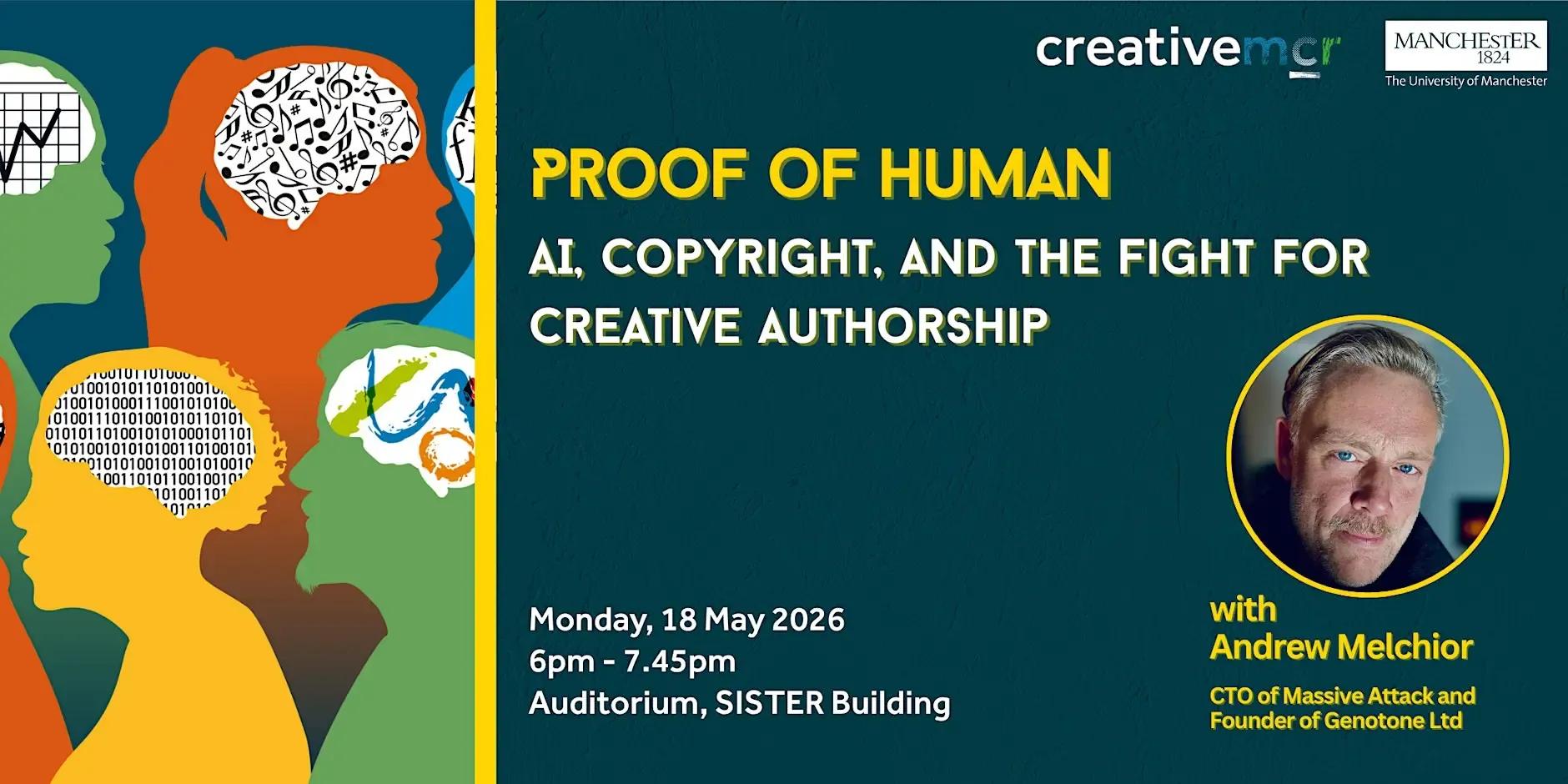 Poster showing the image of Andrew Melchior, the CTO of Massive Attack. He will be speaking at the event.